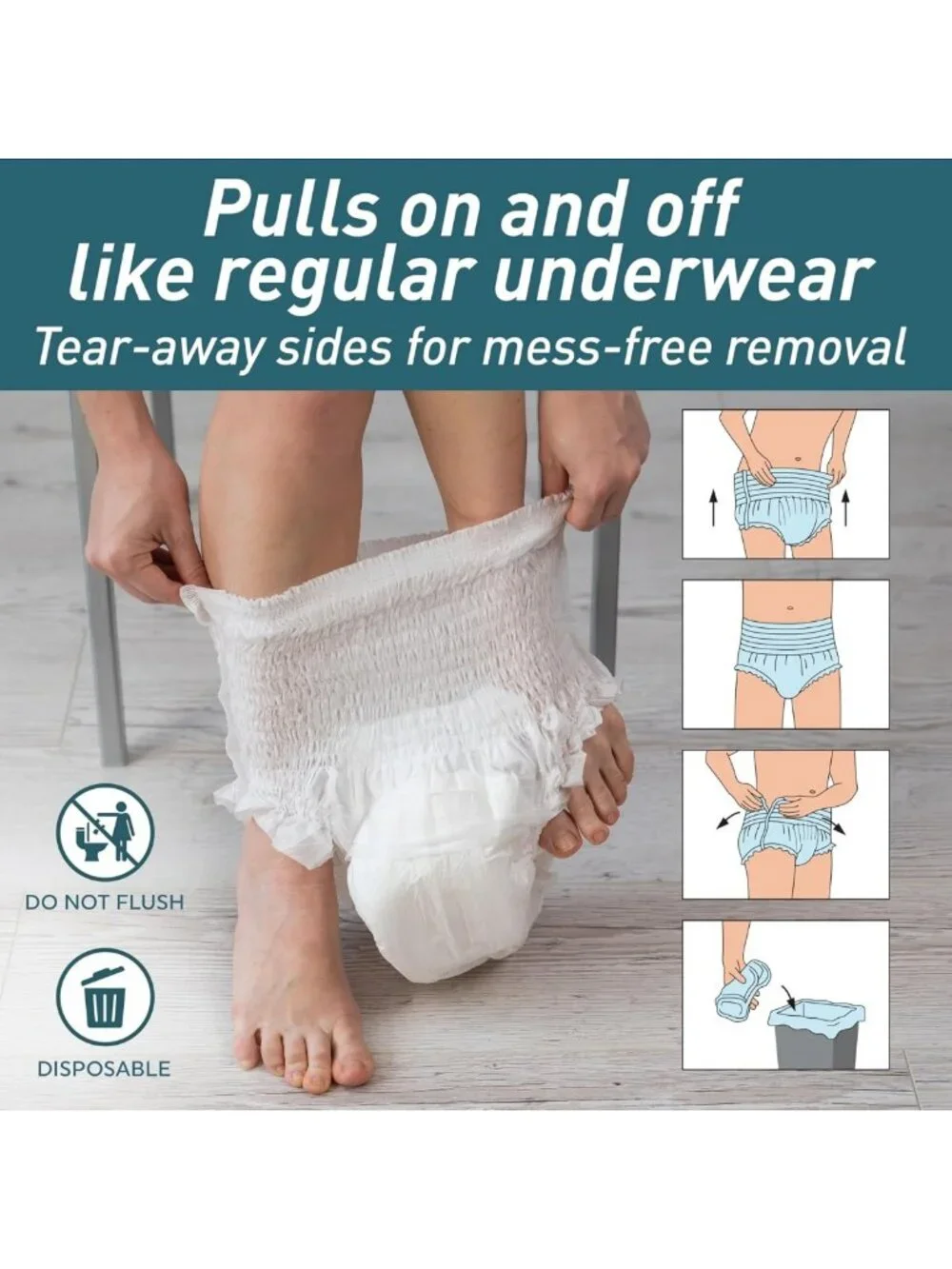 Absorbent Disposable Adult Underwear, Large (51-63 in), Unisex, 18 Count Pack